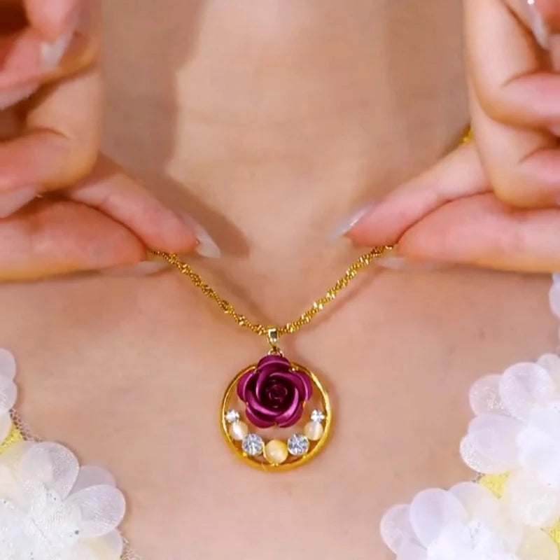 14K Gold-Plated Cat's Eye Purple Rose Pendant Necklace