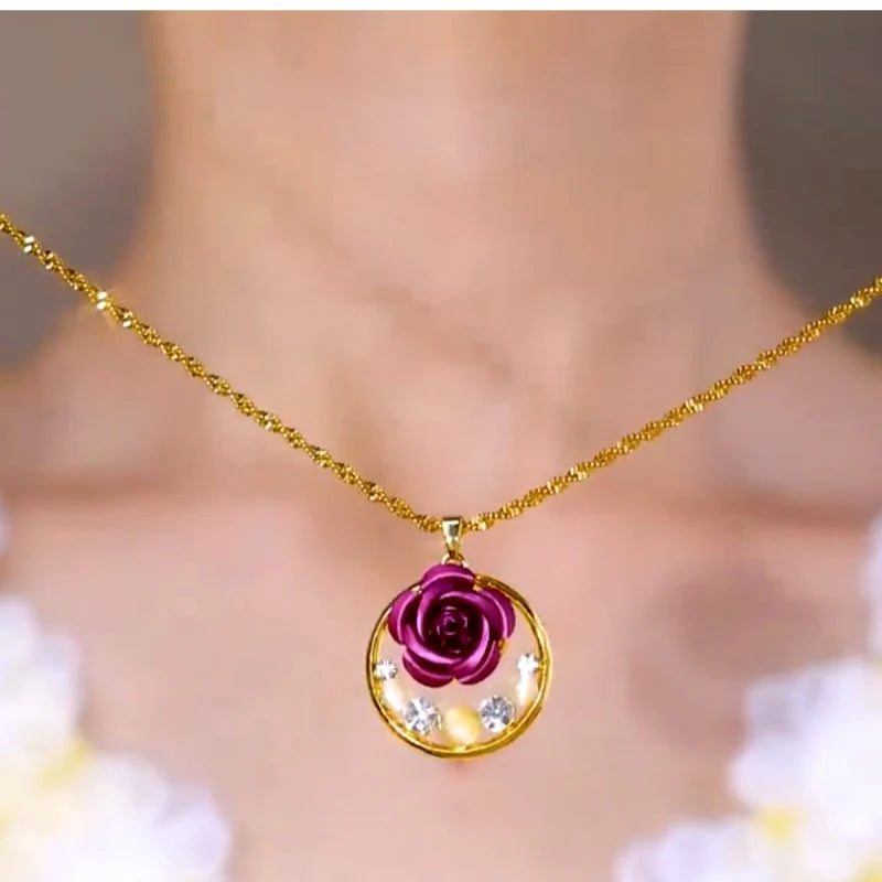 14K Gold-Plated Cat's Eye Purple Rose Pendant Necklace