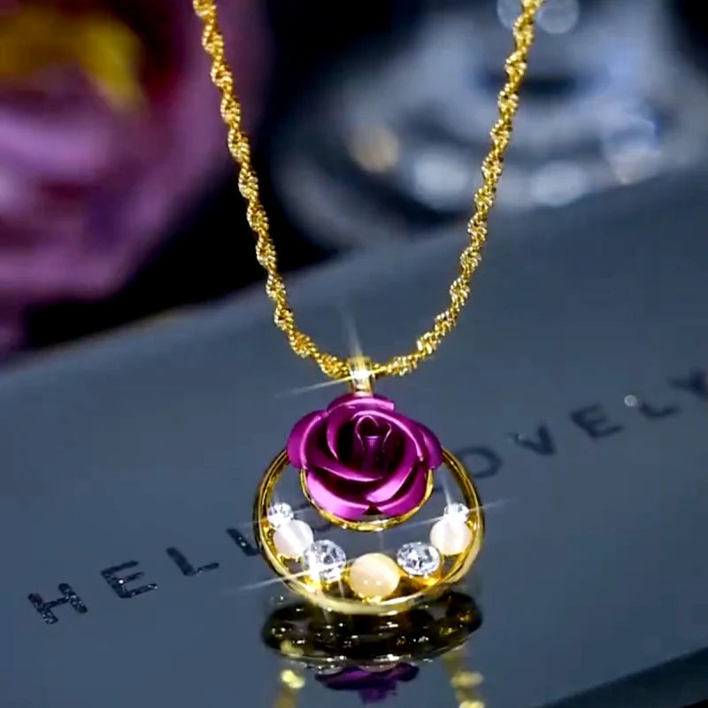 14K Gold-Plated Cat's Eye Purple Rose Pendant Necklace