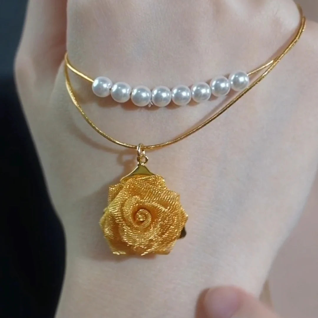 14K Gold-Plated Zircon Rose Pendant Necklace