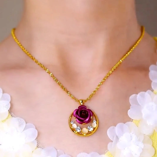 14K Gold-Plated Cat's Eye Purple Rose Pendant Necklace