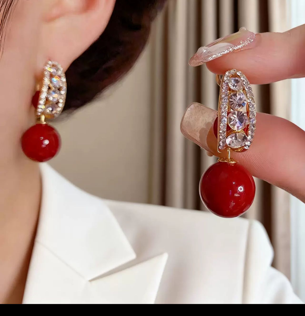 Red Zircon Pearl Earring(14k Gold Plated)