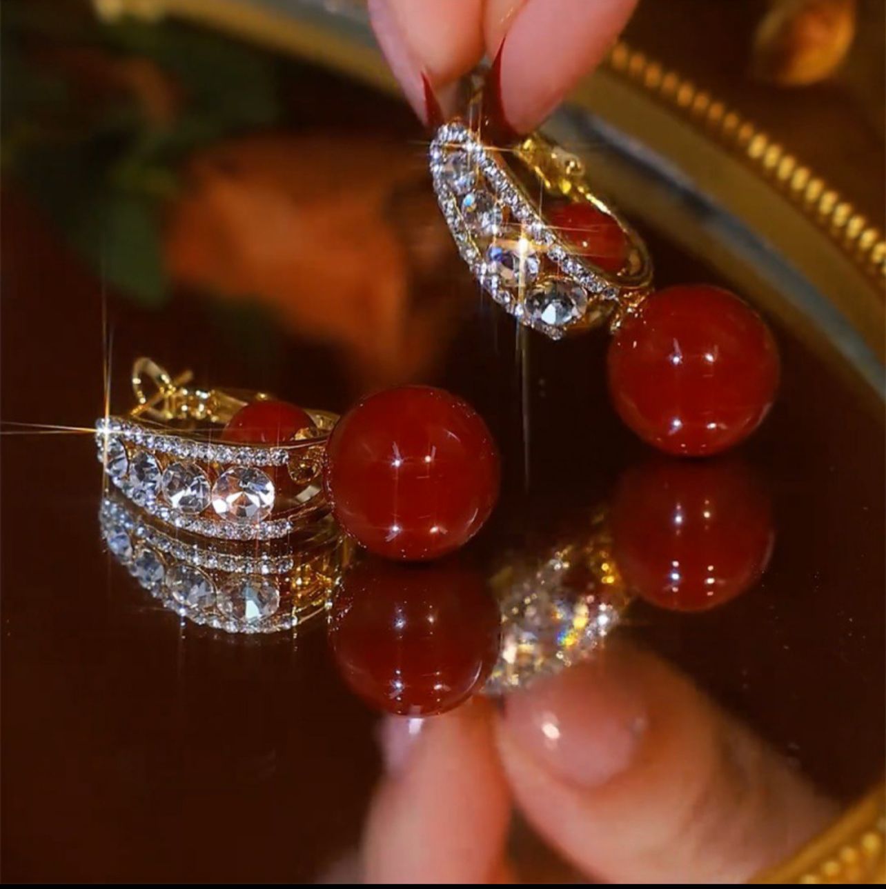 Red Zircon Pearl Earring(14k Gold Plated)