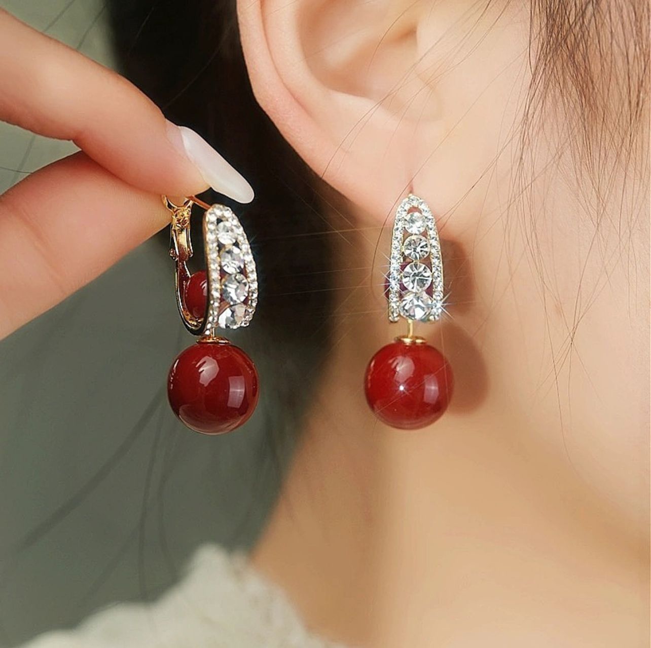 Red Zircon Pearl Earring(14k Gold Plated)