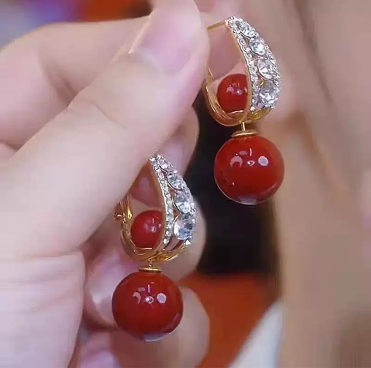 Red Zircon Pearl Earring(14k Gold Plated)