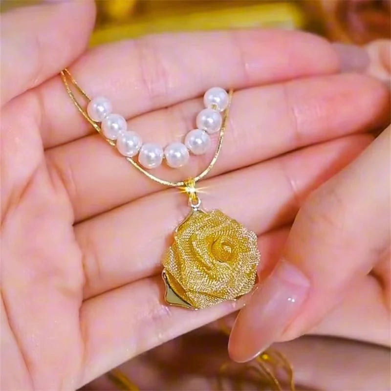 14K Gold-Plated Zircon Rose Pendant Necklace